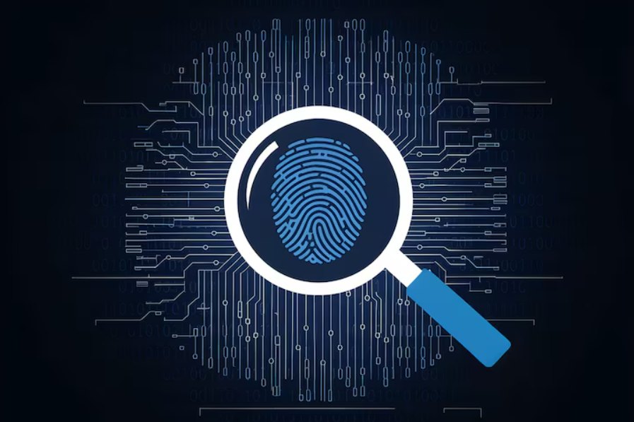 Magnifying glass examining a fingerprint over a circuit board and streams of binary data